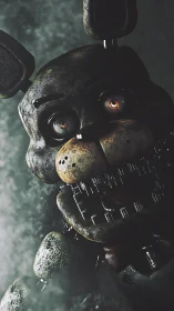 Rust-bitten animatronic hare leers through the foggy gloom.