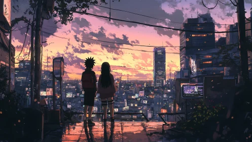 Sunset rooftop rendezvous above a neon‑tangled cityscape.