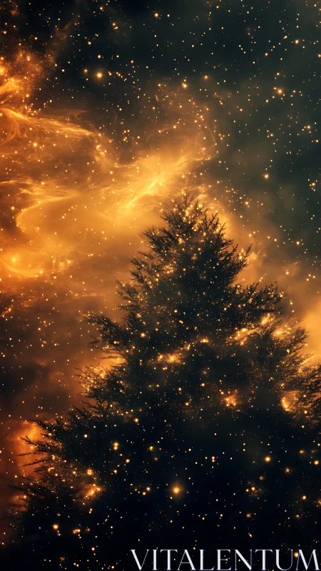 Silhouetted Tree Radiates Golden Particle Energy
