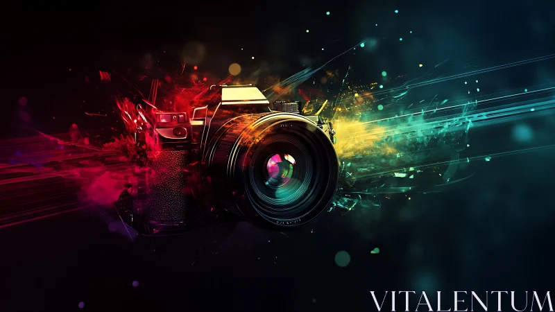 Retro camera erupts with neon light trails and motion burst.