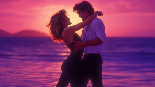 Silhouetted couple embracing at golden hour with saturated magenta atmospheric gradient