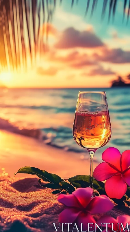 Wine Glass Sunset with Tropical Blooms on Beach.