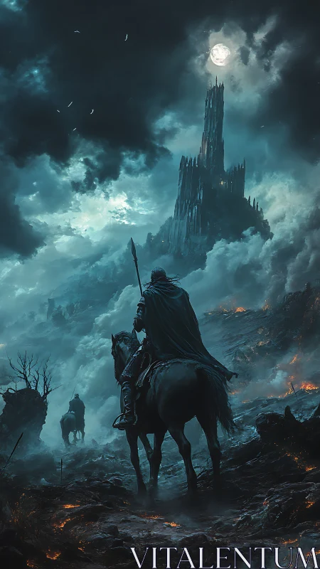 Dark riders advance toward a storm-wreathed moonlit citadel