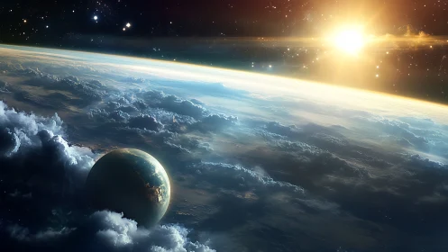 Golden sunrise welcomes a distant planet above soft clouds
