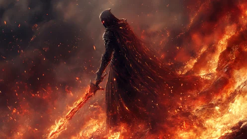 Hooded armored figure holds flaming sword amid volcanic fire