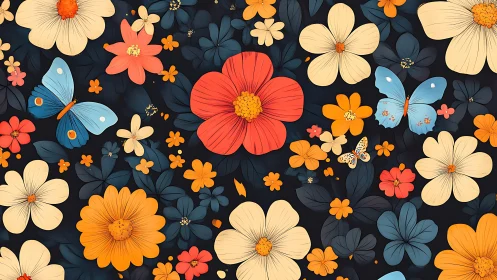 Colorful Floral Pattern With Flowers and Butterflies.