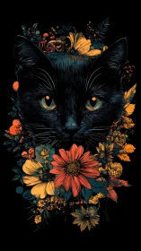 Black Cat Surrounded by Golden Florals and Botanical Elements.