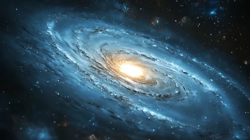 Luminous galactic core ignites swirling blue star fields.