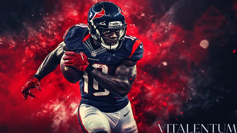 Dynamic football running back charges through blazing red smoke