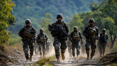 Photorealistic infantry patrol in staggered column formation.