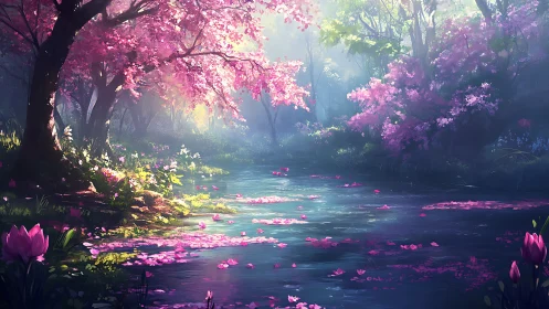 Blossom-draped forest river under luminous spring haze.