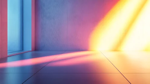 Minimalist room with colorful sunlight casting dramatic shadows.