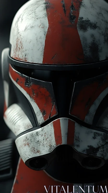 Battle-worn sci-fi trooper helmet shows chipped red armor