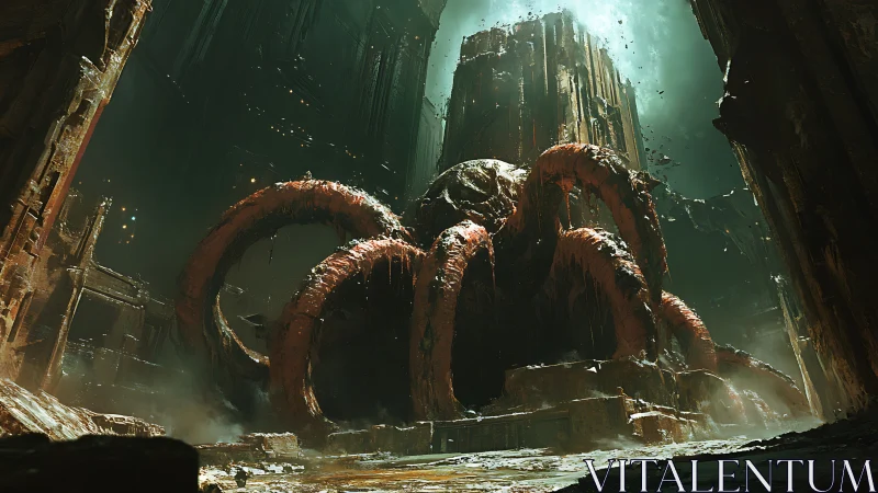 Eldritch colossus awakening within a ruined abyssal temple.