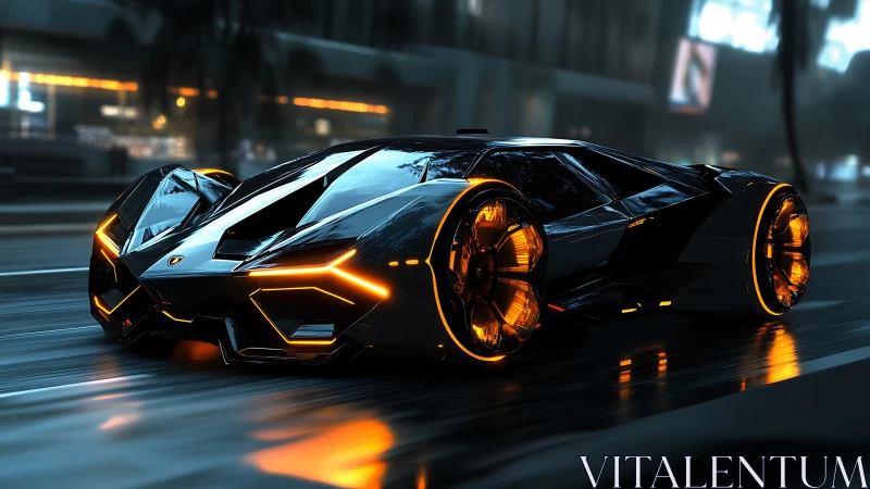 Futuristic black supercar with neon orange lighting on street.