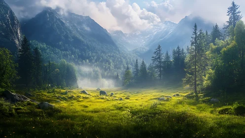 Sunlit alpine meadow opens beneath towering misty peaks.