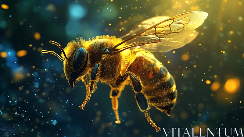 Macro-rendered honeybee in flight under volumetric backlighting