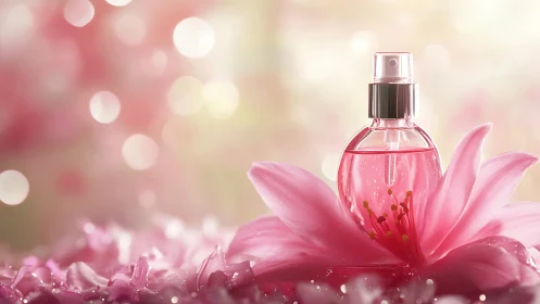 Glass perfume bottle centered in pink floral setting.