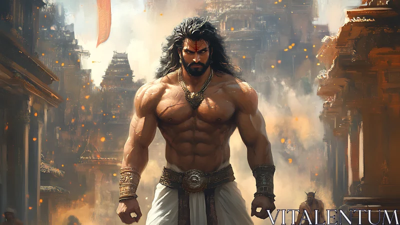 Warrior demigod strides through burning ancient citadel.