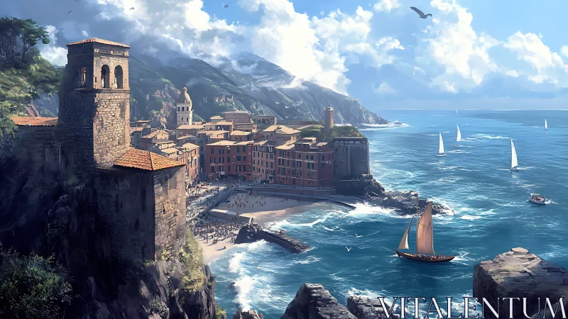 Seaside Medieval Town with Harbor and Mountains.