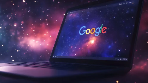 Laptop screen displays Google logo against vivid cosmic backdrop