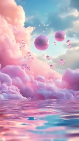 Cotton candy clouds cradle floating pearl bubbles at dusk.