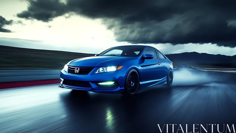 Midnight blue sports coupe slices through storm-lit racetrack.
