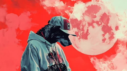 Anthro wolf in streetwear under blood moon sky.