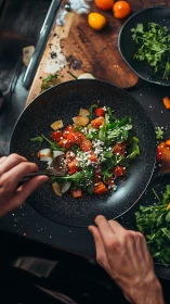 Overhead preparation of arugula salad with tomato and feta on dark plate