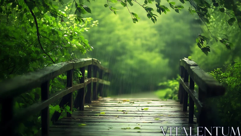 Wooden Footbridge in Lush Green Forest During Rain, Atmospheric Style.