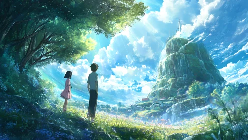 Two figures observe terraced mountain landscape under sky