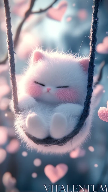 Fluffy White Cat Swinging on Rope in Snow.