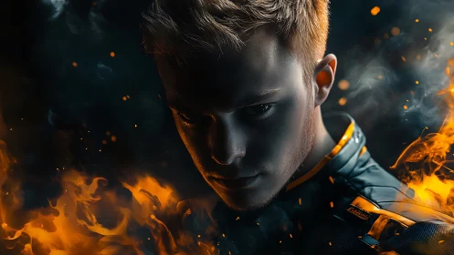 Fierce young hero leans into swirling fire and shadow power