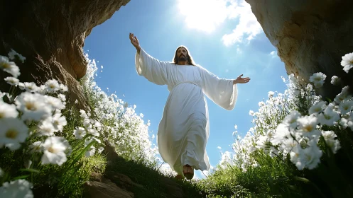 Risen figure strides from the stone hollow into sunlit bloom