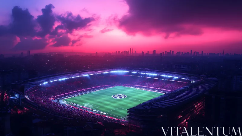 Neon dusk stadium overlooks glowing urban skyline.