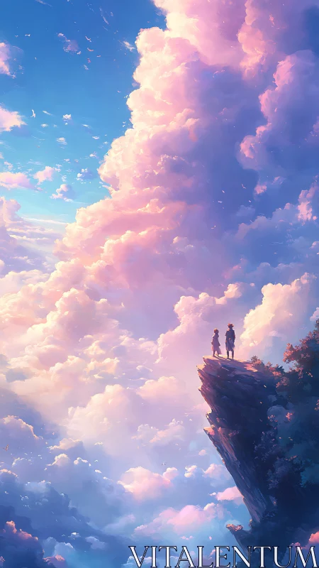 Two dreamers stand on a cliff edge above glowing clouds