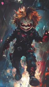 Rogue demon doll rampages through neon-slashed alley chaos.