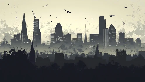 Monochrome digital skyline with atmospheric depth layering.