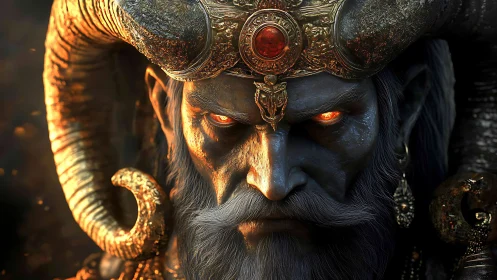 Horned demonic king portrait with glowing ember eyes.