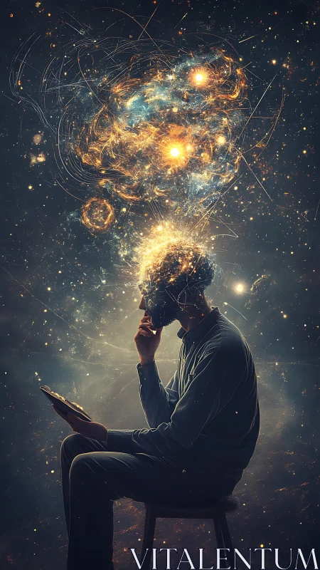Cosmic thinker reads as luminous galaxies bloom from mind