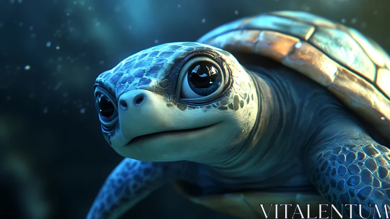 3D sea turtle portrait with luminous underwater glow.