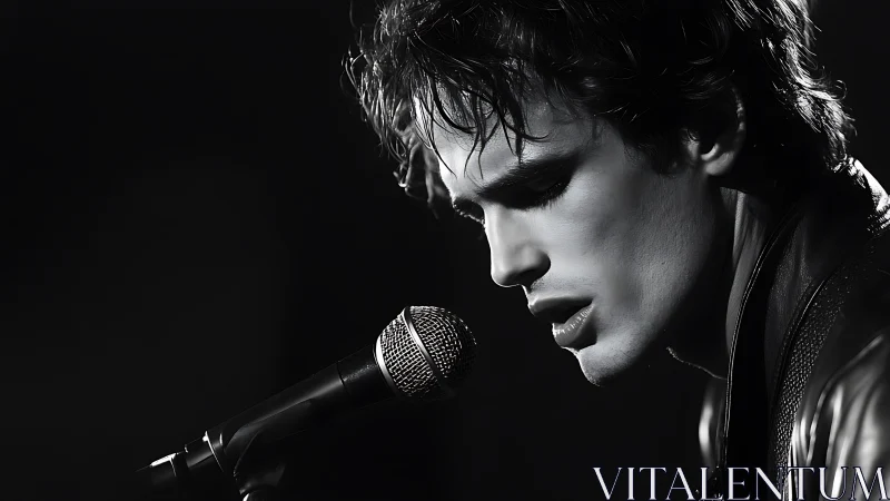 Moody monochrome rocker in tight microphone close-up portrait.