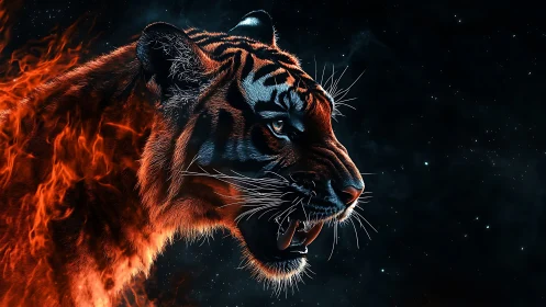 Profile view shows digital tiger head rendered with flames