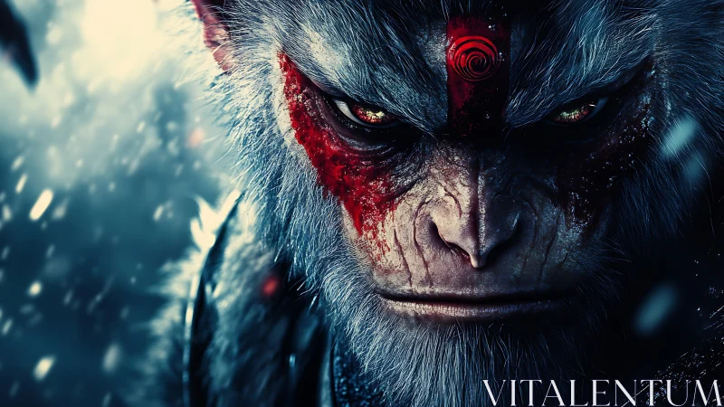 War-torn demon ape glares through snow with fiery resolve