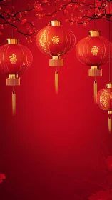 Red hanging lanterns with floral branches on red background.