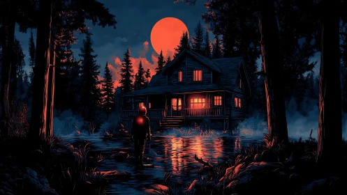 Solitary figure approaches lakeside cabin under red moon