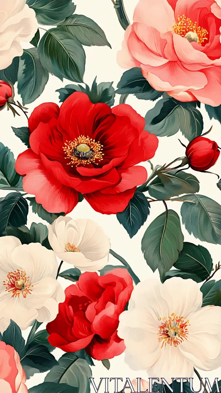 Romantic Garden Peonies and Roses Bloom in Vibrant Red and Cream
