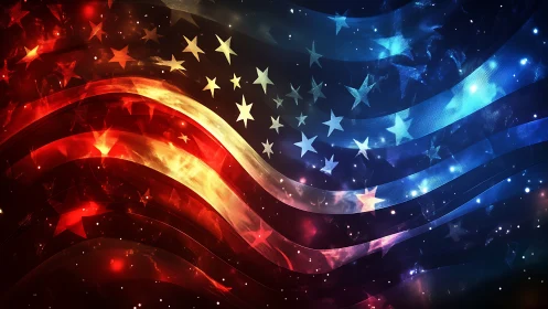 Spectral American flag waveform with luminous particle field.