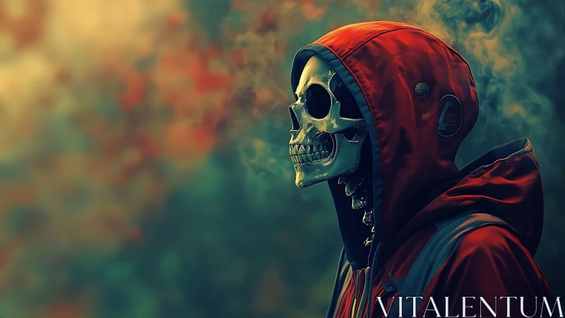 Hooded chrome skull stands in swirling neon smoke haze