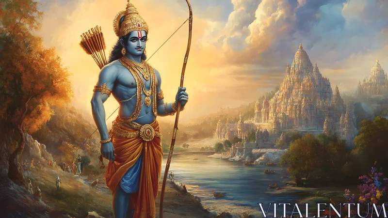 Divine archer strides beside a golden riverside kingdom.